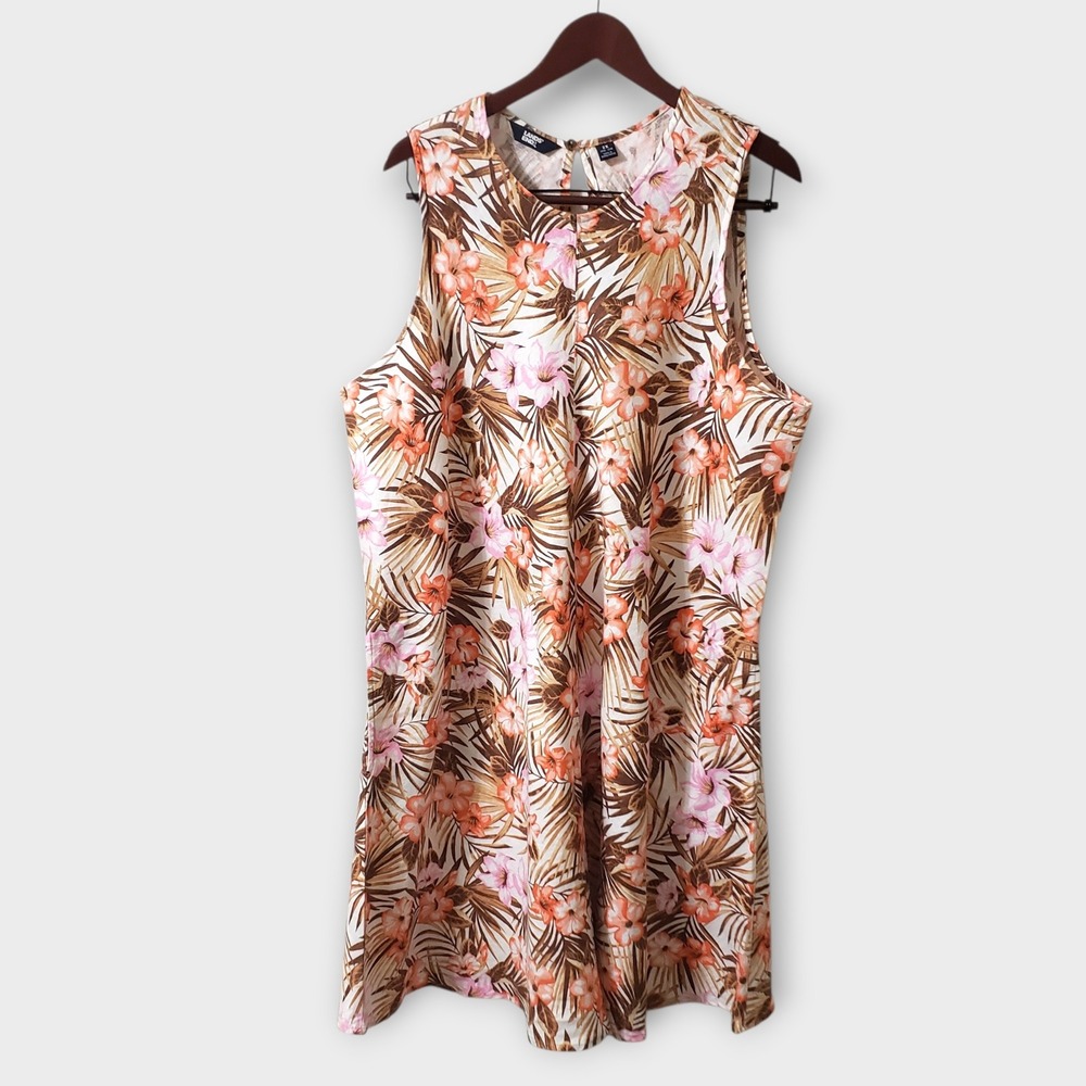 Lands End 2X Linen Sleeveless Tropical Floral Palm Shift Swing Dress 20-20W